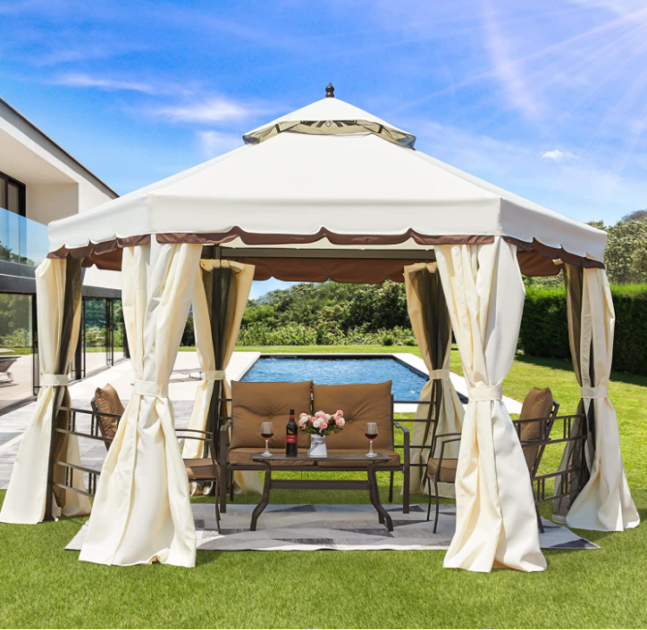 Erommy 12FT Outdoor Canopy Gazebo, Hexagonal Double Roof Patio Gazebo
