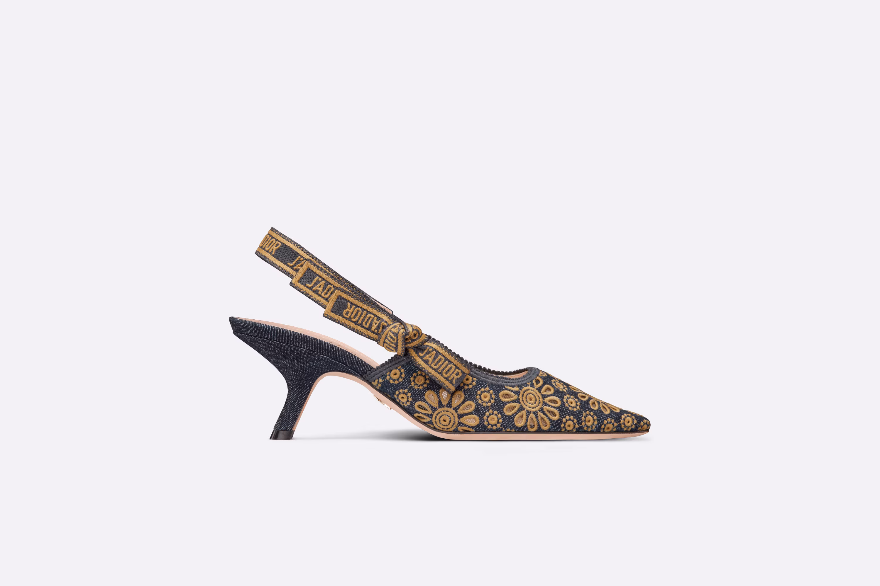 J'ADIOR SLINGBACK PUMP Blue Denim Embroidered with Camel-Colored Saint-Gall Motif