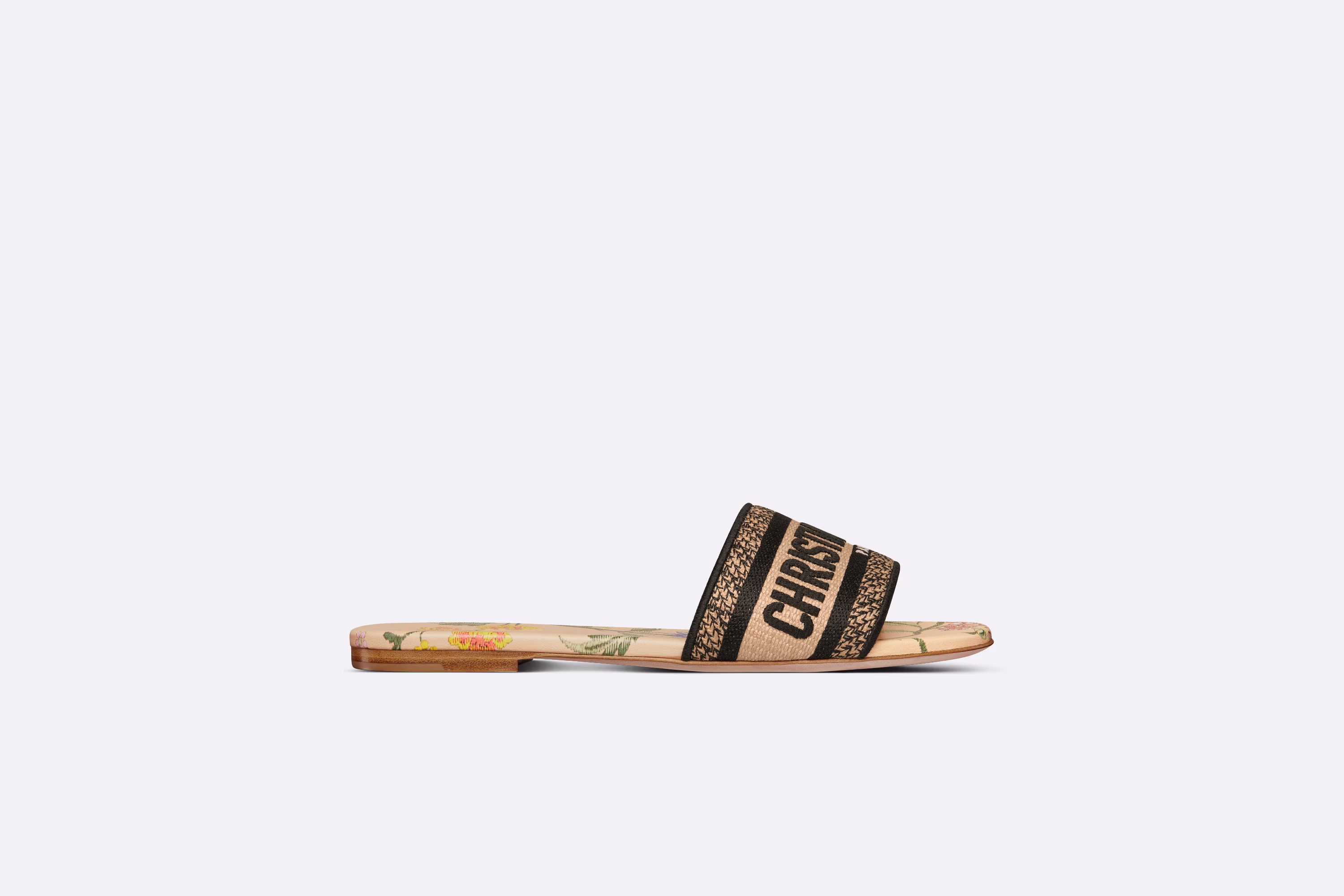 DWAY SLIDE Beige Multicolor Raffia Embroidered with Dior Petites Fleurs Motif