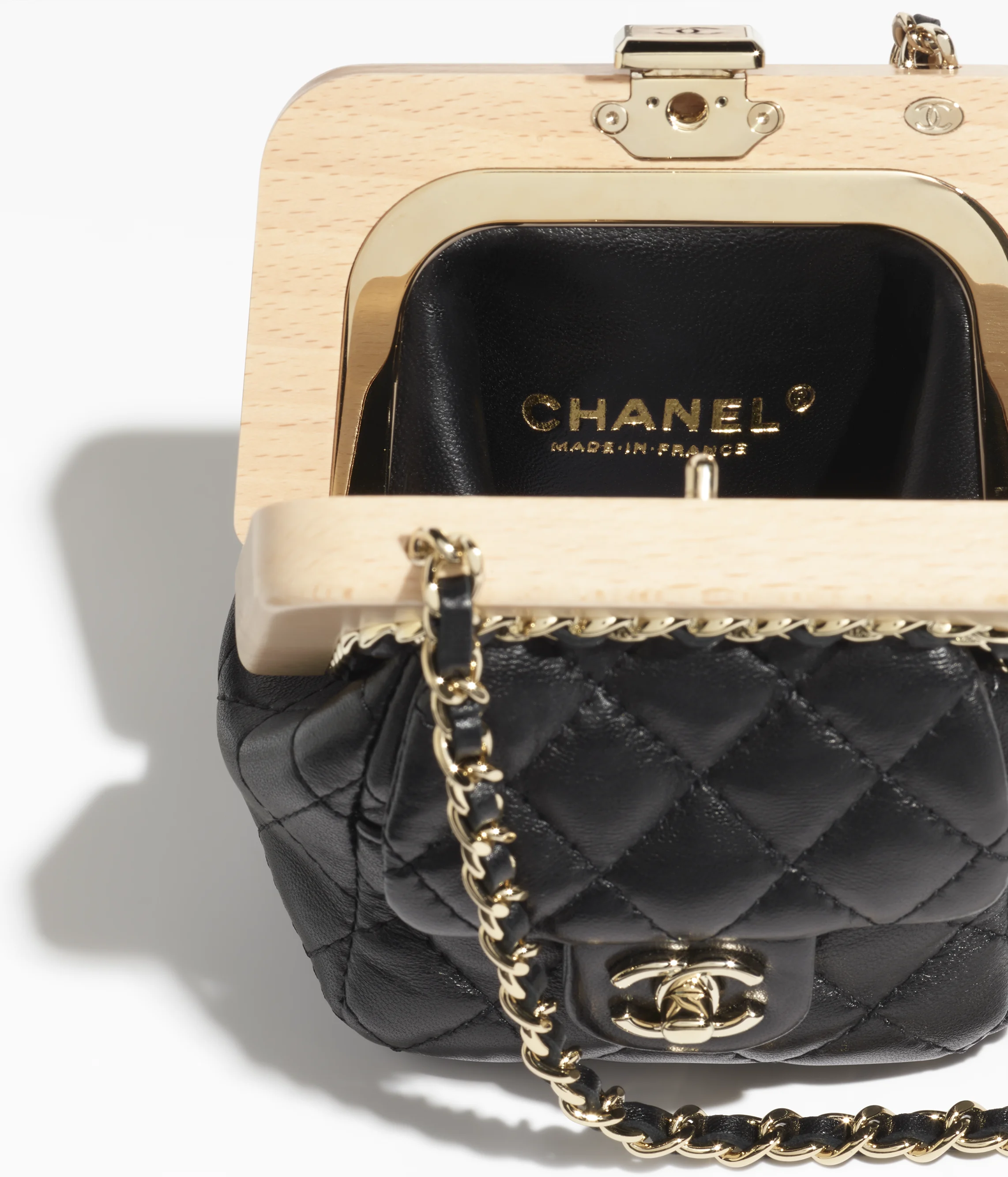 Lambskin, Wood and Gold Metal Bag