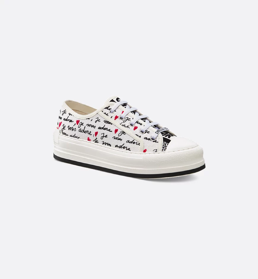 Dioramour Walk'n'Dior platform sneakers  White cotton Black and red Je Vous Adore embroidery