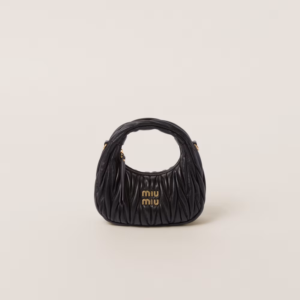 Miu Miu bags: Wander Matelassé mini Hobo bag in soft lambskin leather, small crescent bag.