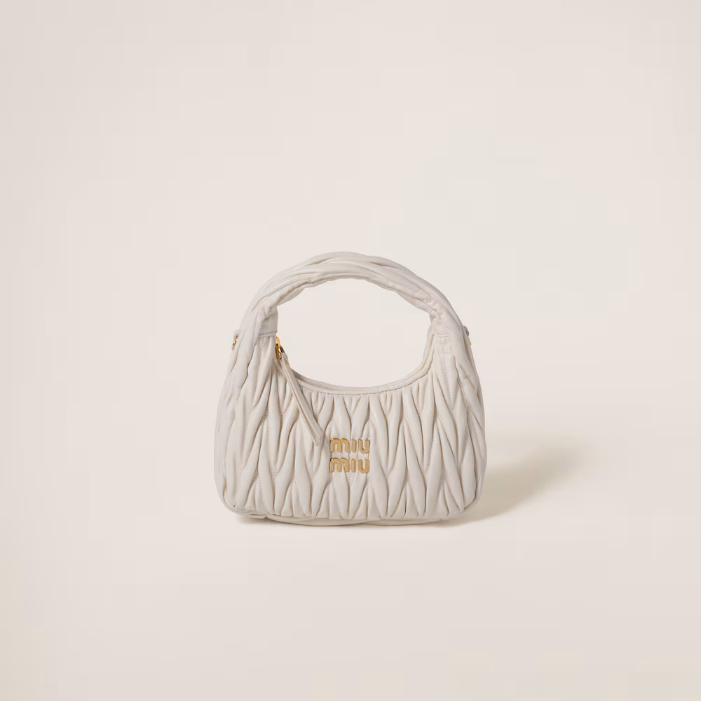 Miu Miu bags: Wander Matelassé mini Hobo bag in soft lambskin leather, small crescent bag.