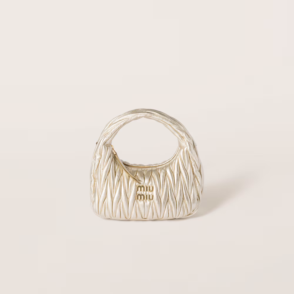 Miu Miu bags: Wander Matelassé mini Hobo bag in soft lambskin leather, small crescent bag.