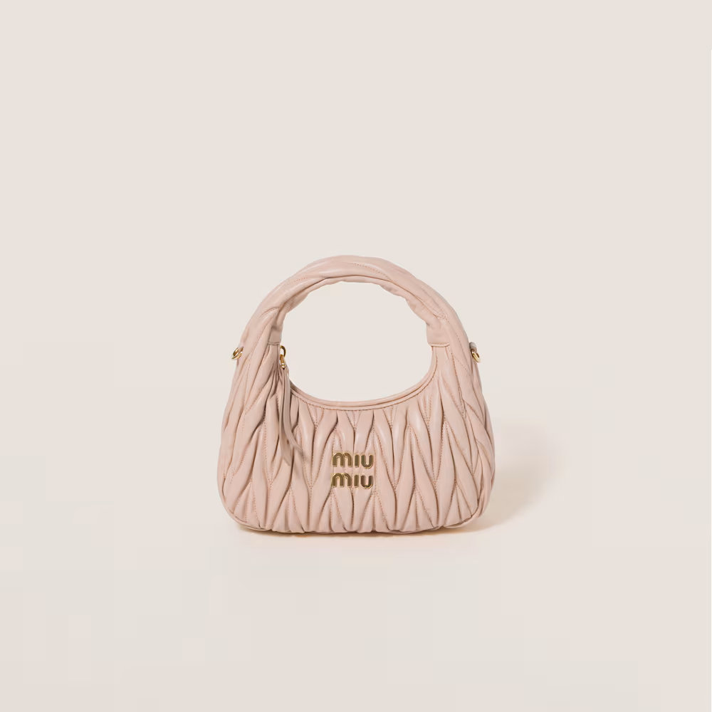 Miu Miu bags: Wander Matelassé mini Hobo bag in soft lambskin leather, small crescent bag.