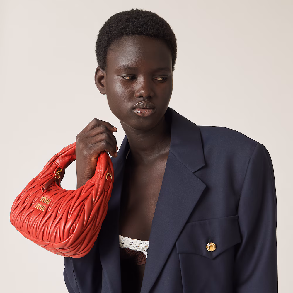 Miu Miu bags: Wander Matelassé mini Hobo bag in soft lambskin leather, small crescent bag.