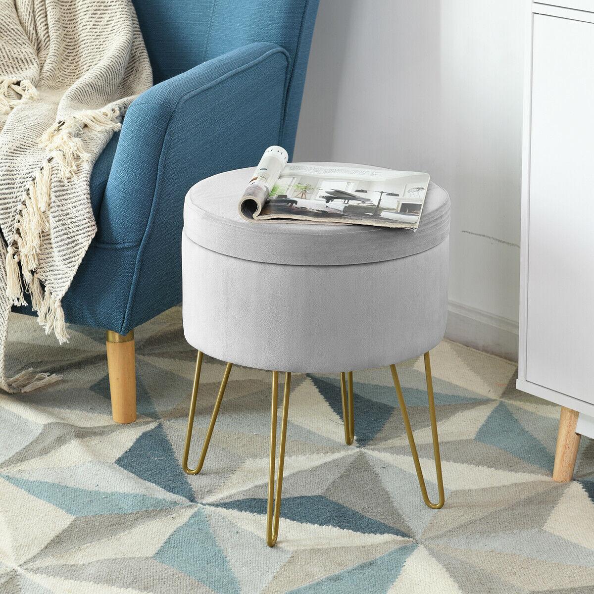 Round Velvet Storage Ottoman / Vanity Stool