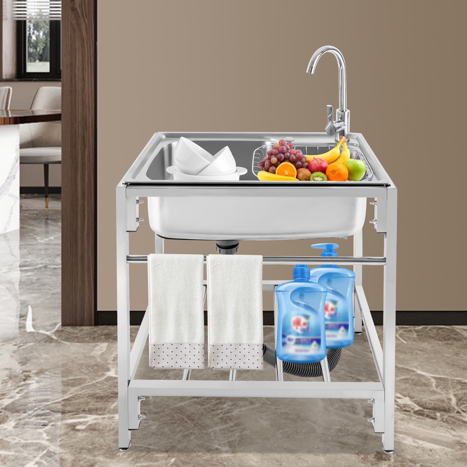 Stainless Steel Single Basin Kitchen Sink with Stand, Home Simple