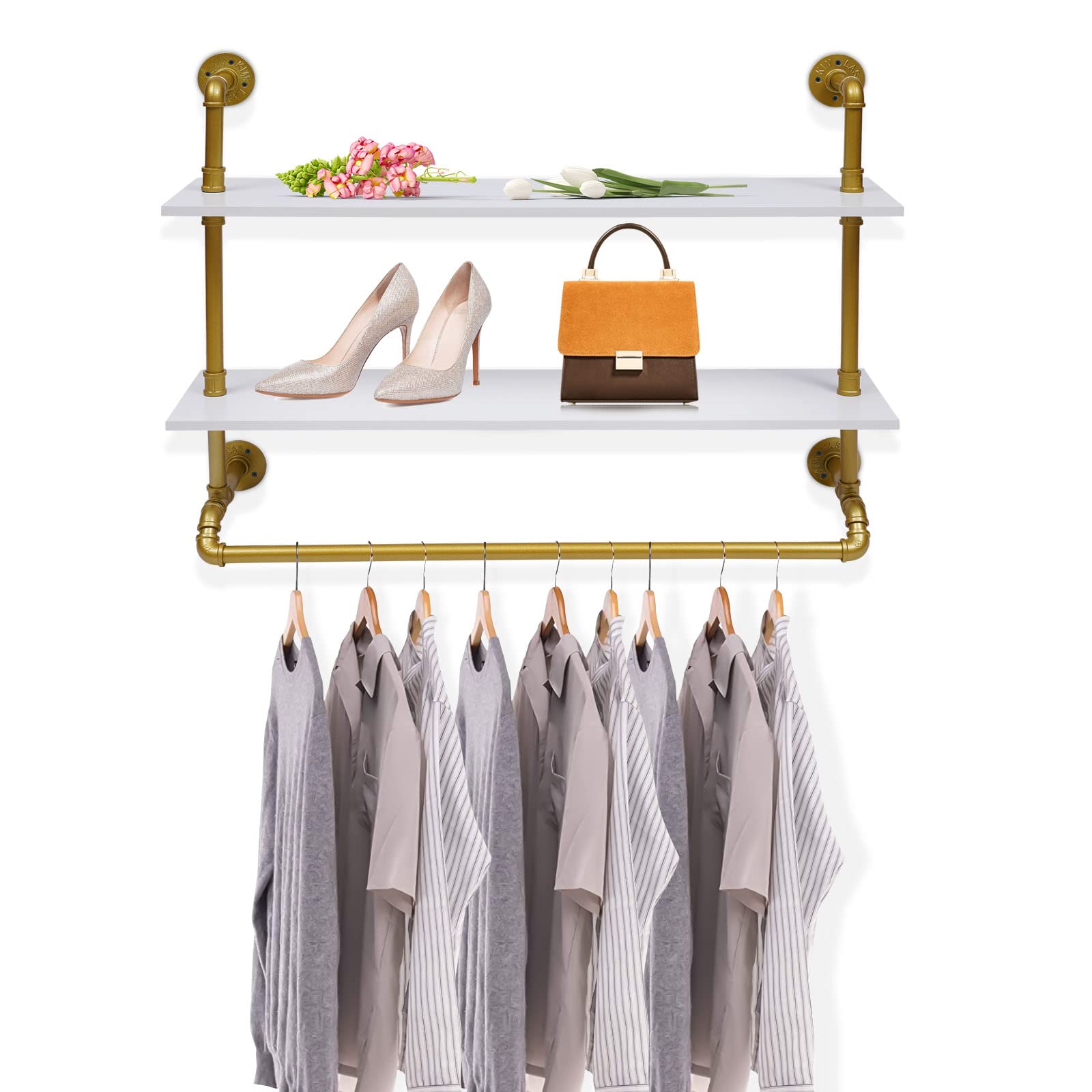 Wall Mounted Garment Rack with 2 Shelves Industrial Pipe Garment Rack
