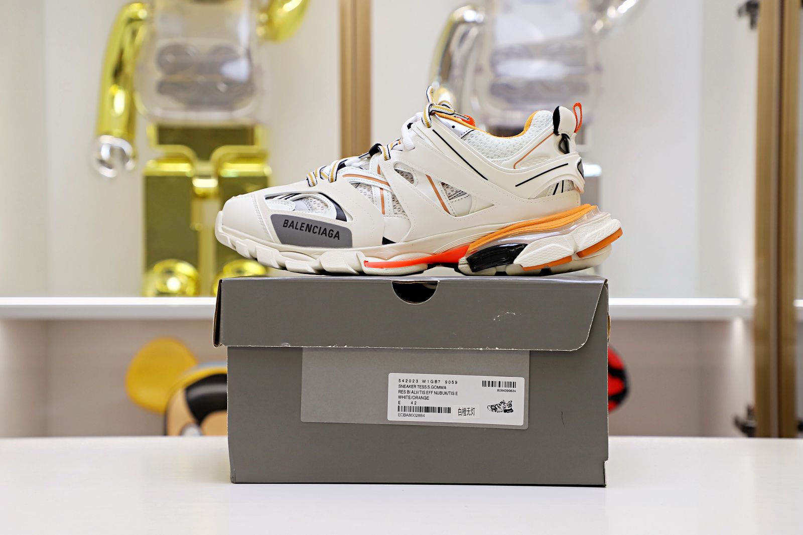 Balenciaga all sizes still in stock! Please contact customer service on iMessage/WhatsApp to purchase! TRACK TRAINER WHITE ORANGE