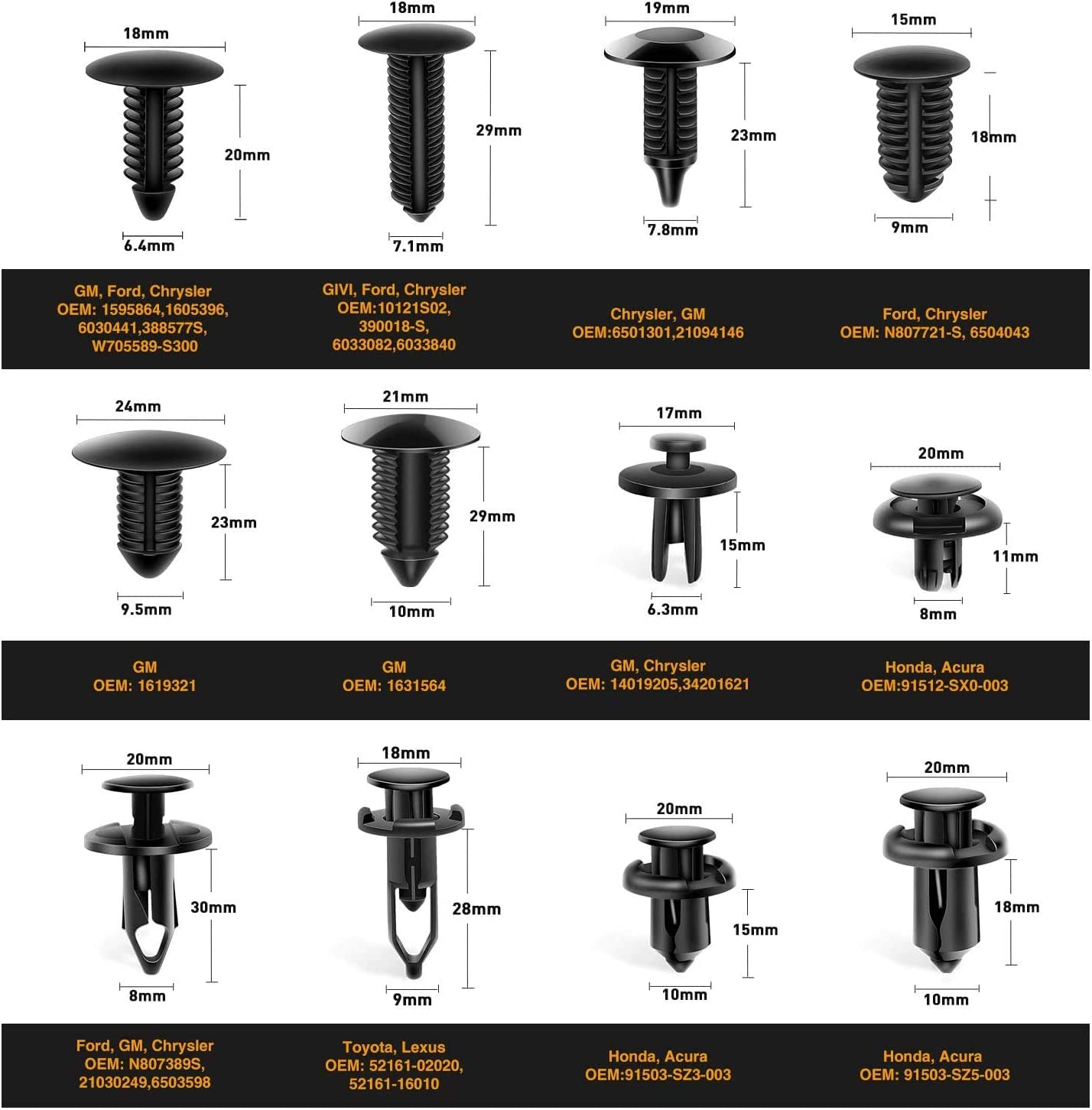 Topdrive Bumper Retainer Clips Car Plastic Rivets Fasteners Push Retainer Kit Most Popular Sizes Auto Push Pin Rivets Set -Door Trim