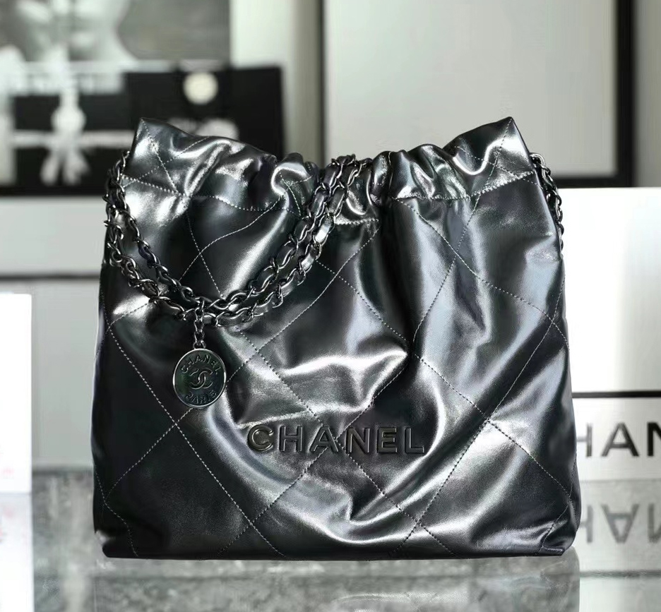 CHANEL 22 trash bag Handbag Shiny Calfskin & Gold-Tone Metal Light Blue so  black small 37CM - luxuriaworld