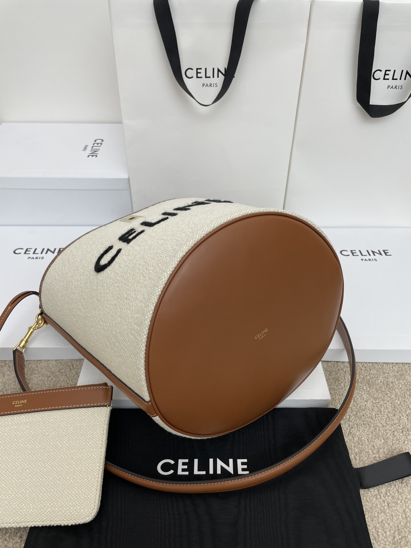 Celine Bucket 16 Bag In Textile With Logo in Natural