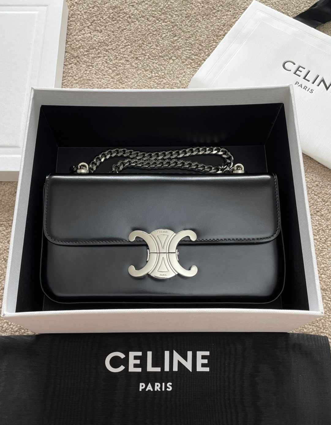 Celine Triomphe Wallet on Chain Triomphe in Shiny Calfskin, Black