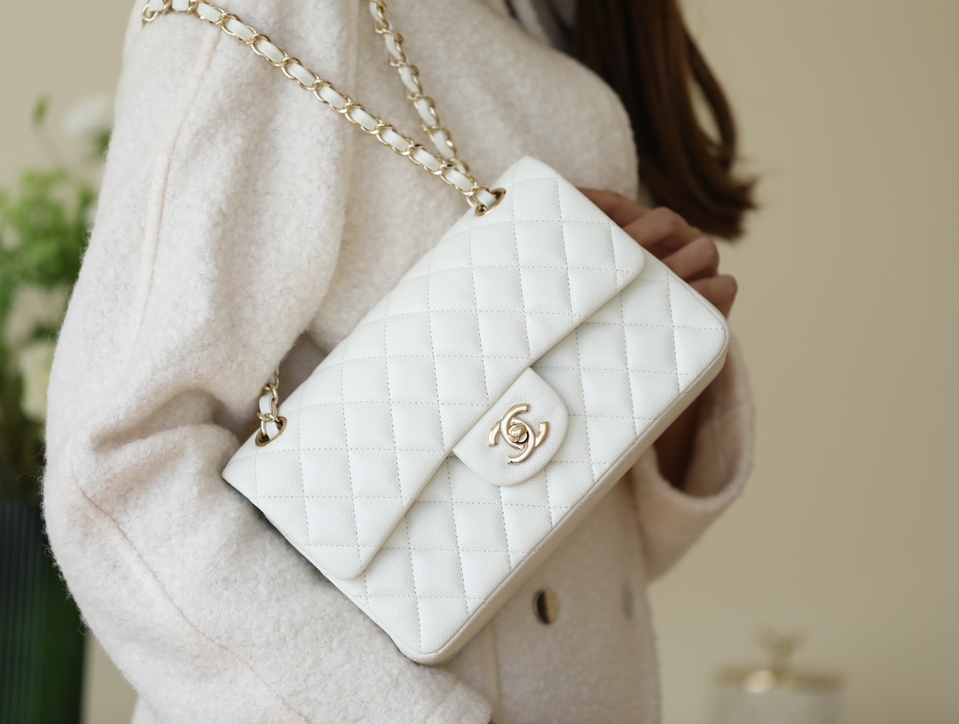 CHANEL Small Classic Double Flap White Caviar Light Gold Hardware -  luxuriaworld