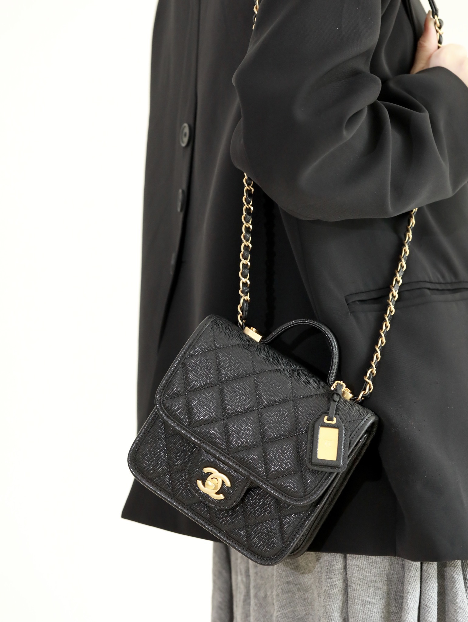 CHANEL School Memory Top Handle Flap Bag Quilted Caviar Mini Black -  luxuriaworld