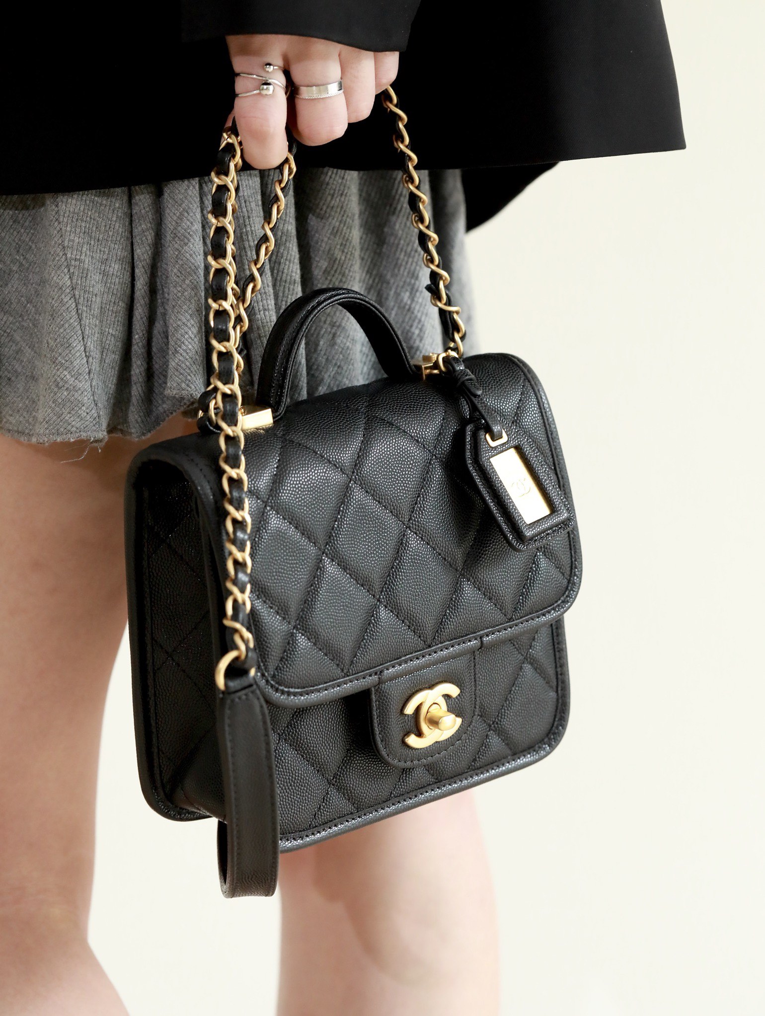 CHANEL School Memory Top Handle Flap Bag Quilted Caviar Mini Black -  luxuriaworld