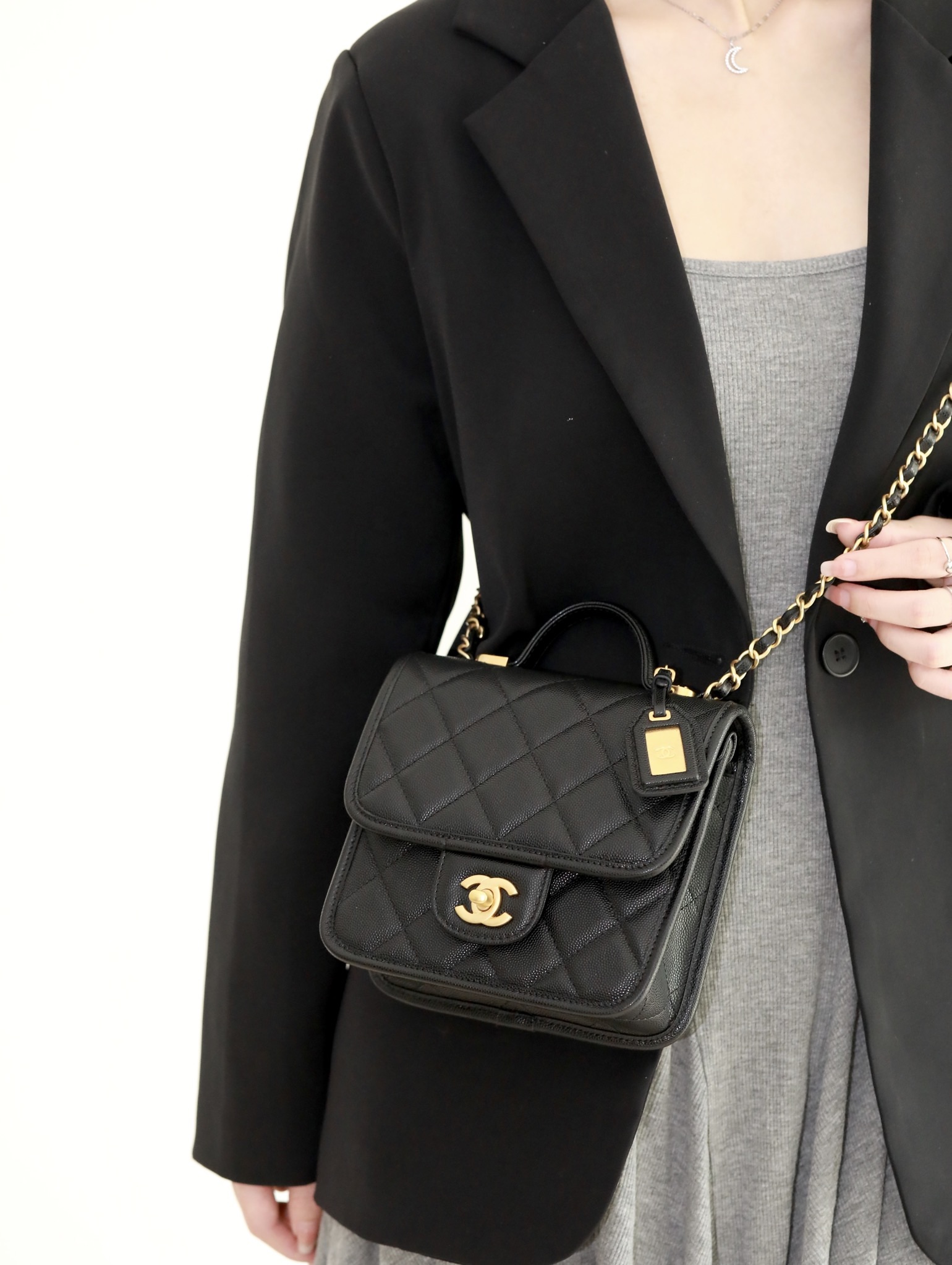 Chanel School Memory Square Top Handle Flap Bag Black Patent