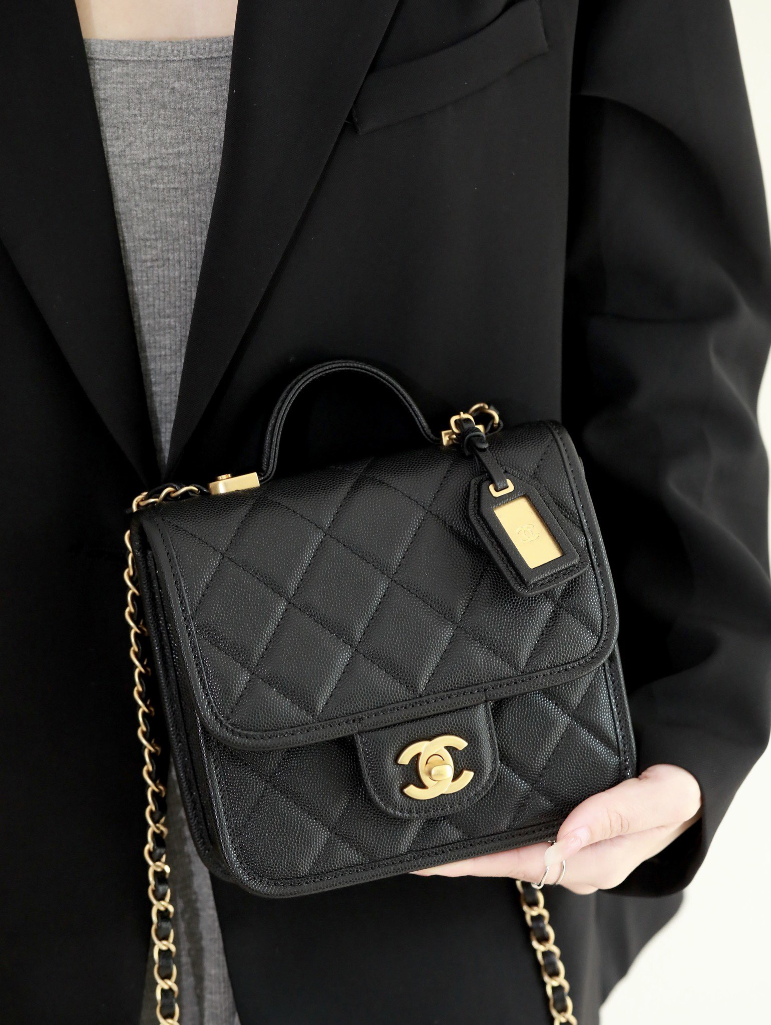 Chanel School Memory Top Handle Flap Bag Black Caviar Antique Gold