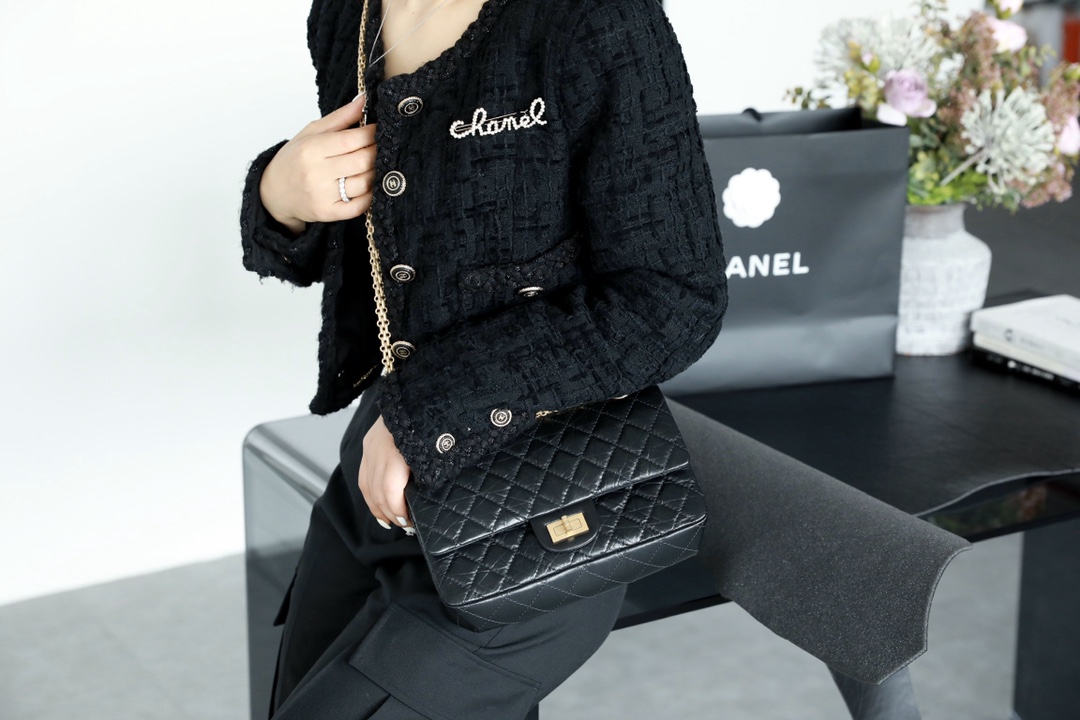 CHANEL 2.55 Handbag Aged Calfskin & Gold-Tone Metal Black