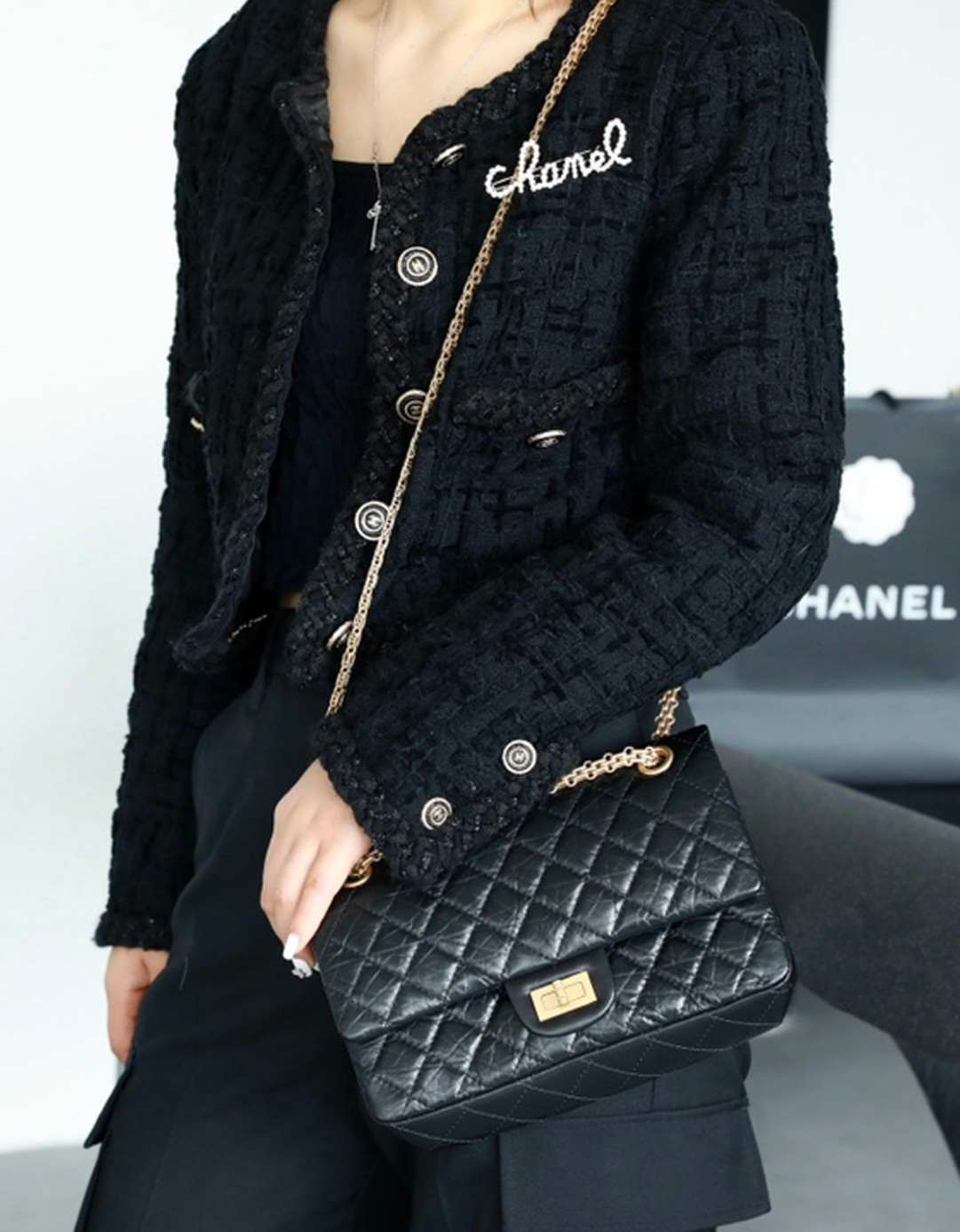 Chanel 2.55 Medium Shoulder Bag Black Aged Calfskin