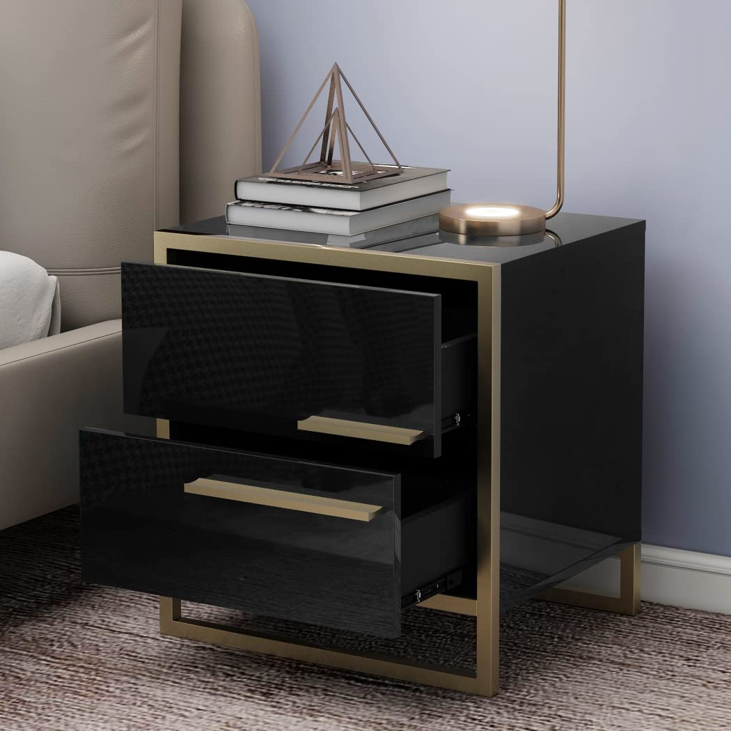【Furniture】Nightstand with 2 Storage Drawers, Bedside Table with Gold