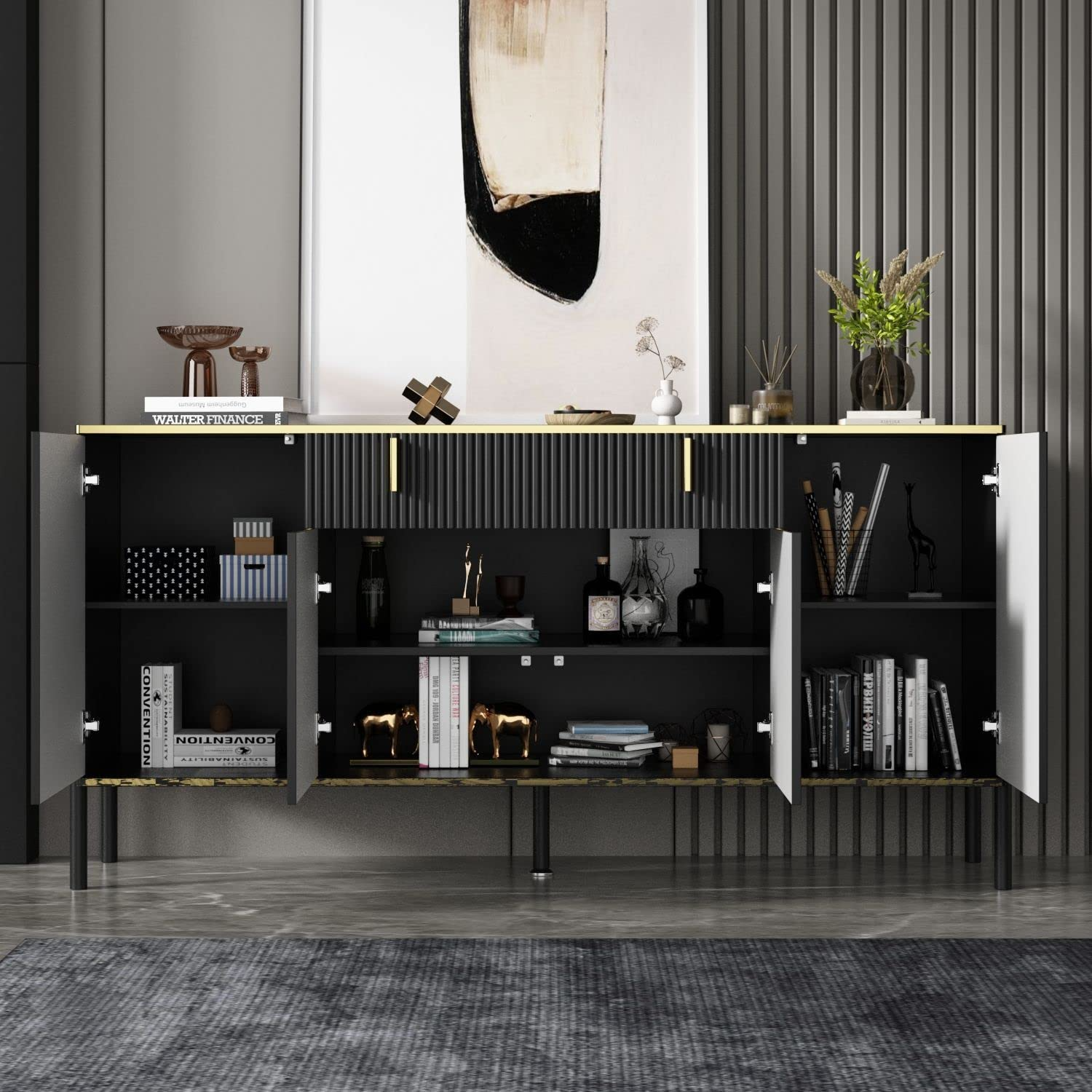 【Furniture】Modern Credenza Sideboard Buffet with Drawer & Pop-Up Doors ...