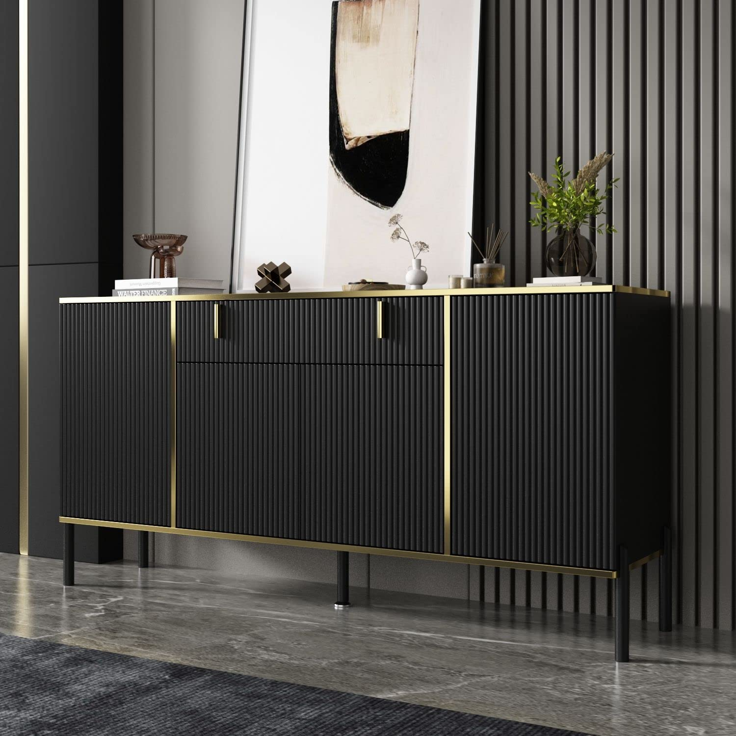 【Furniture】Modern Credenza Sideboard Buffet with Drawer & Pop-Up Doors ...