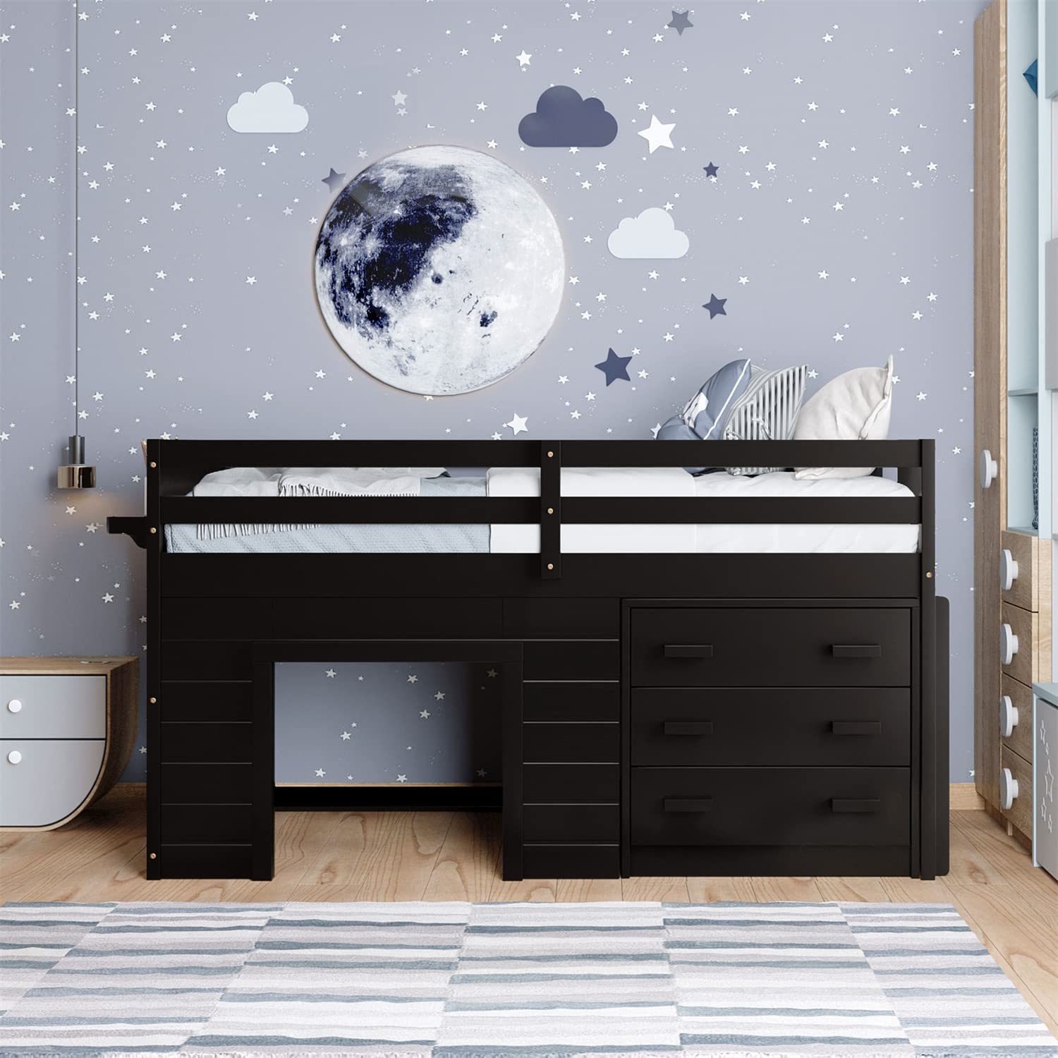 【Furniture】Bellemave Low Loft Beds with 3 Drawers Twin Loft Bed Frame