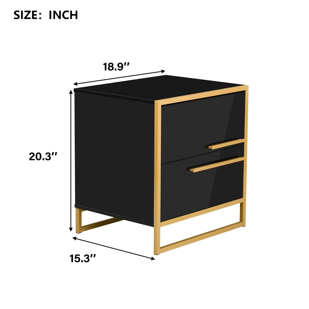 【Furniture】Nightstand with 2 Storage Drawers, Bedside Table with Gold