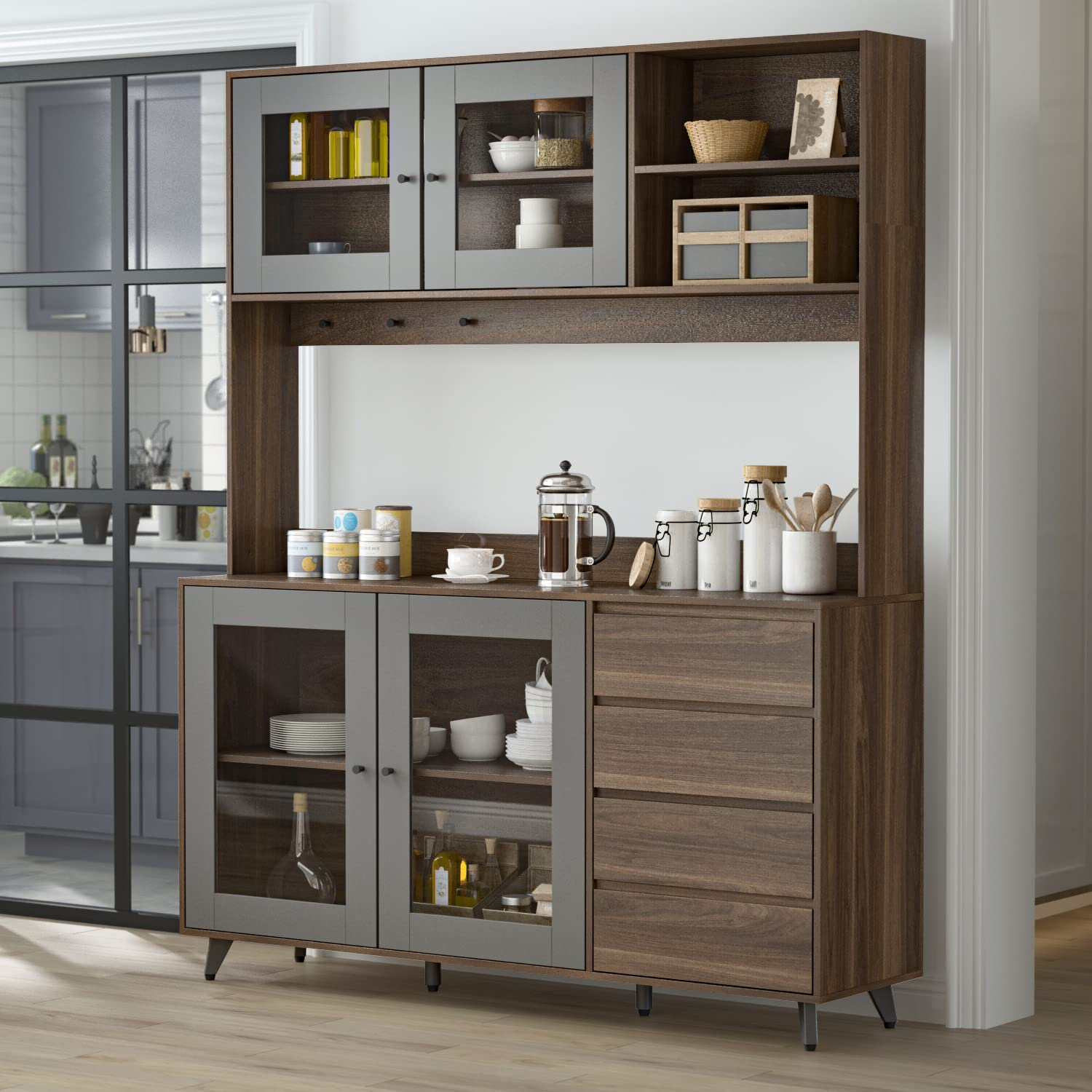 【Furniture】Freestanding Kitchen Pantry Storage with Glass Doors