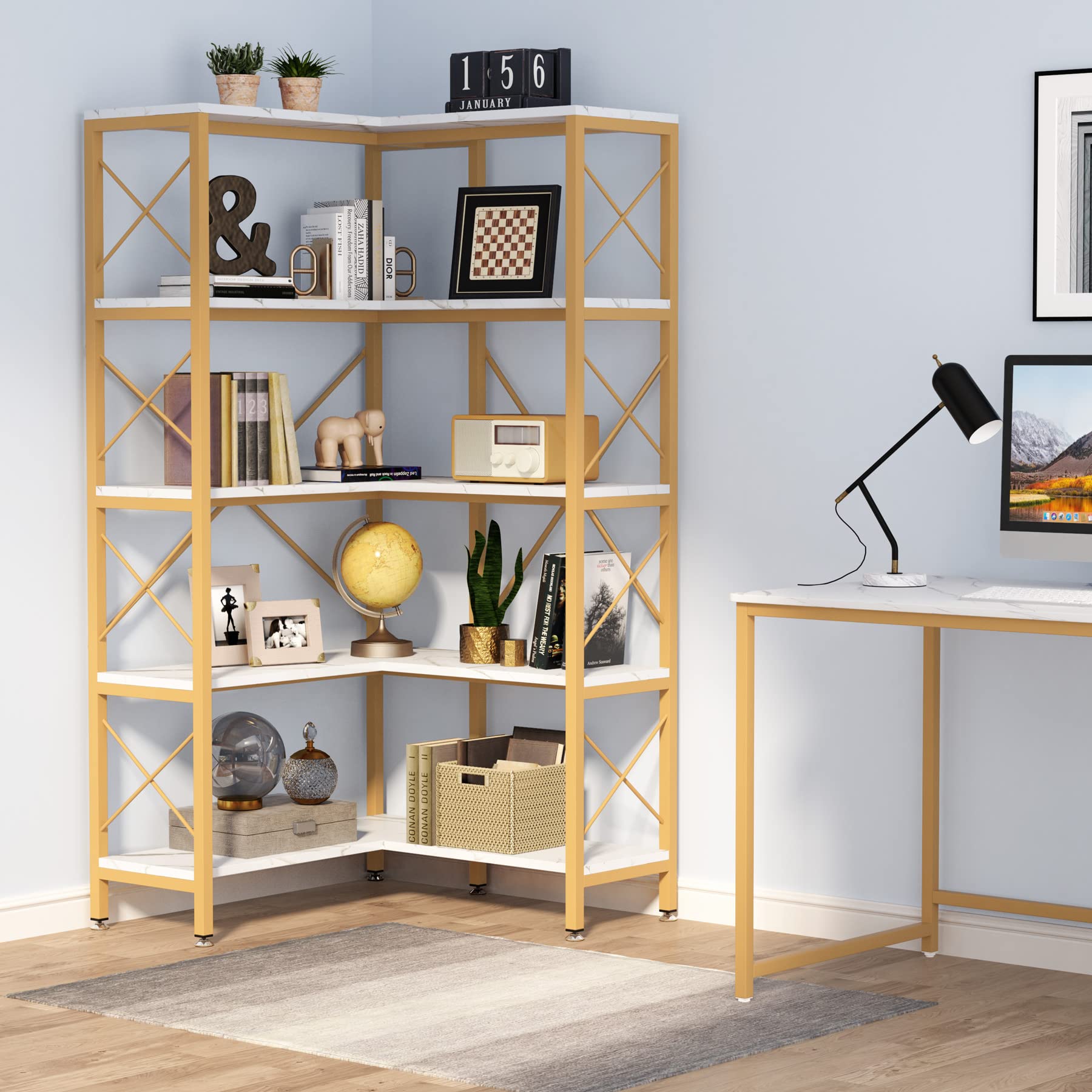 【Furniture】5Shelf Corner Bookshelf, Large Modern Corner Bookcase, 5