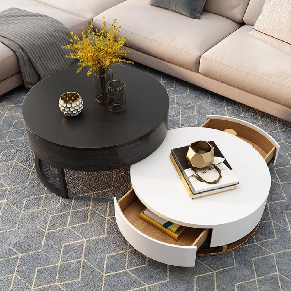 【Furniture】Round Coffee Table White with Storage LiftTop Wood Coffee