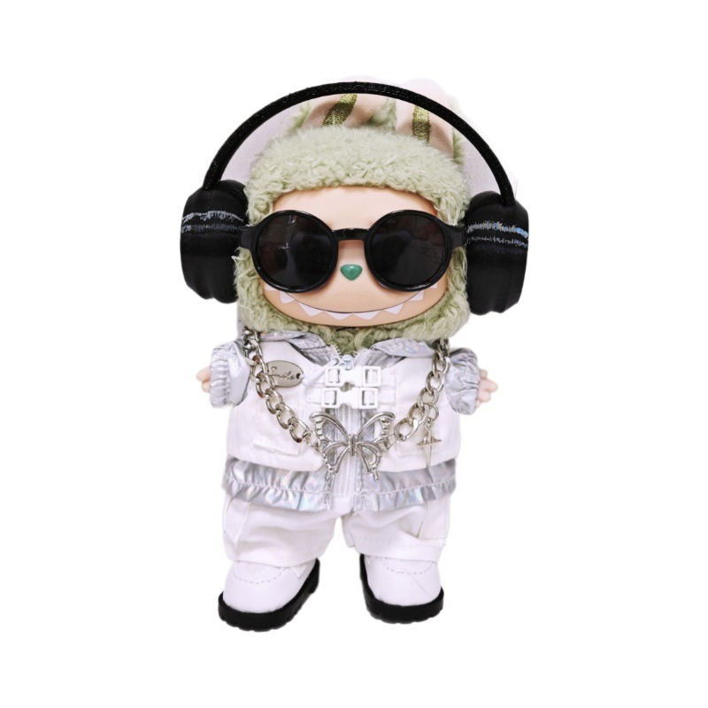 Labubu clothes silver fake two-piece trench coat shoe set suitable for 15cm17cm Labubu one two three