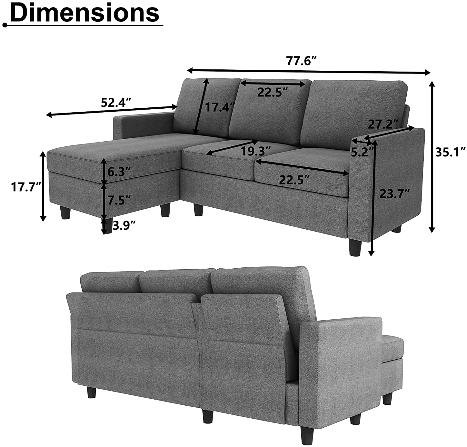 Nolany LShaped Corner Sofa 3 Seater Sectional Couch with Reversible