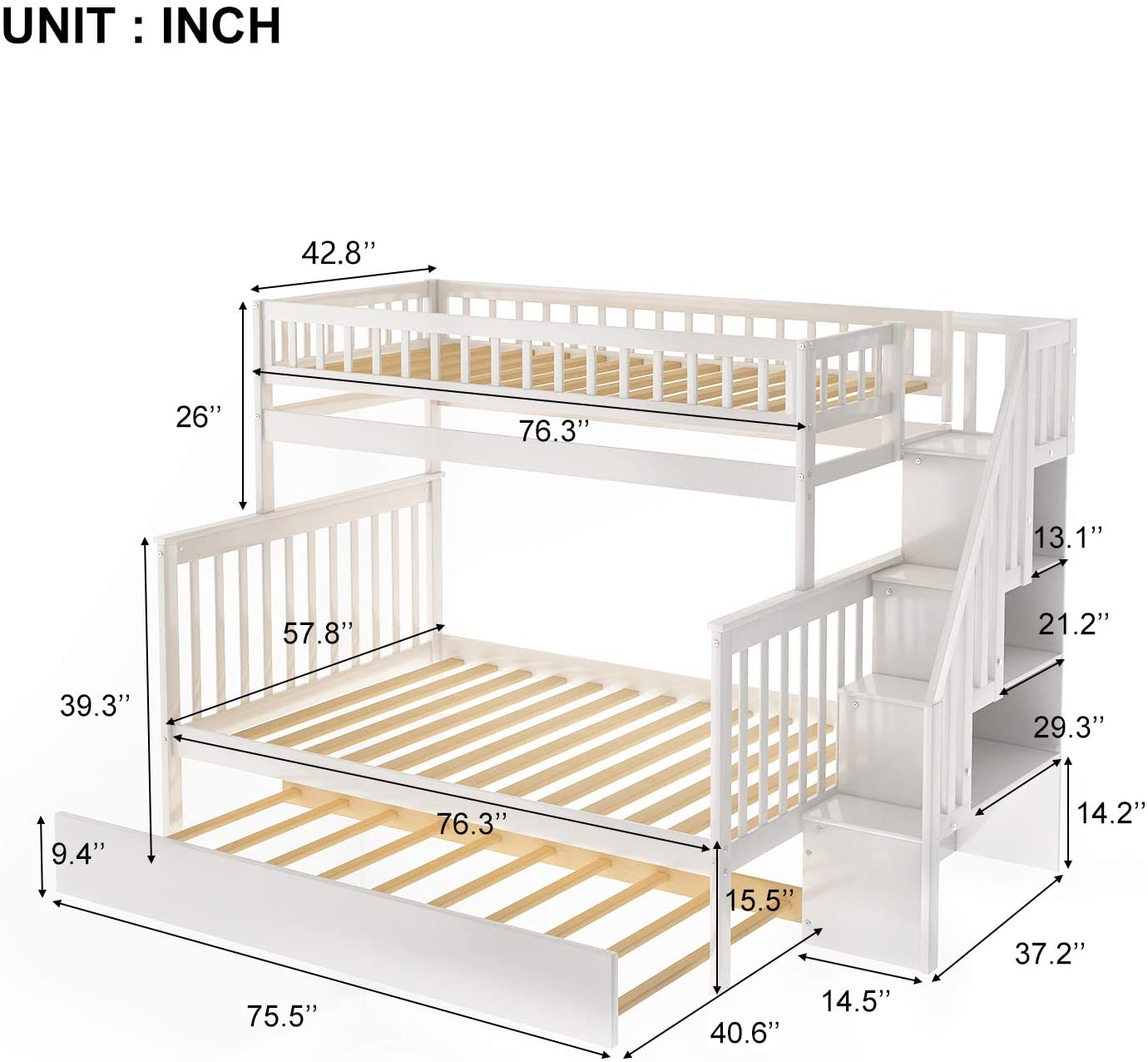 Double bunk bed with stairs, solid wood bunk bed with casters and