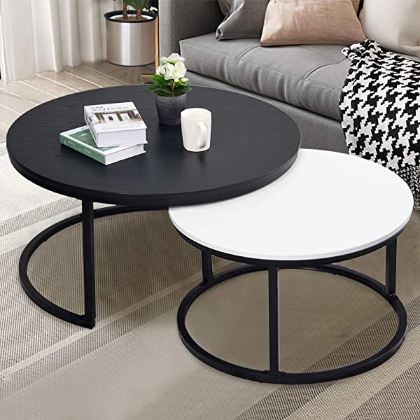 Round Coffee Table, Nesting Tables Set of 2, Large Ø 34.0", Small Ø