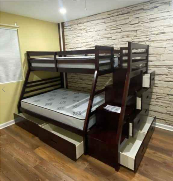 Dylan children's bunk bed with guardrail and ladder, wooden double bed