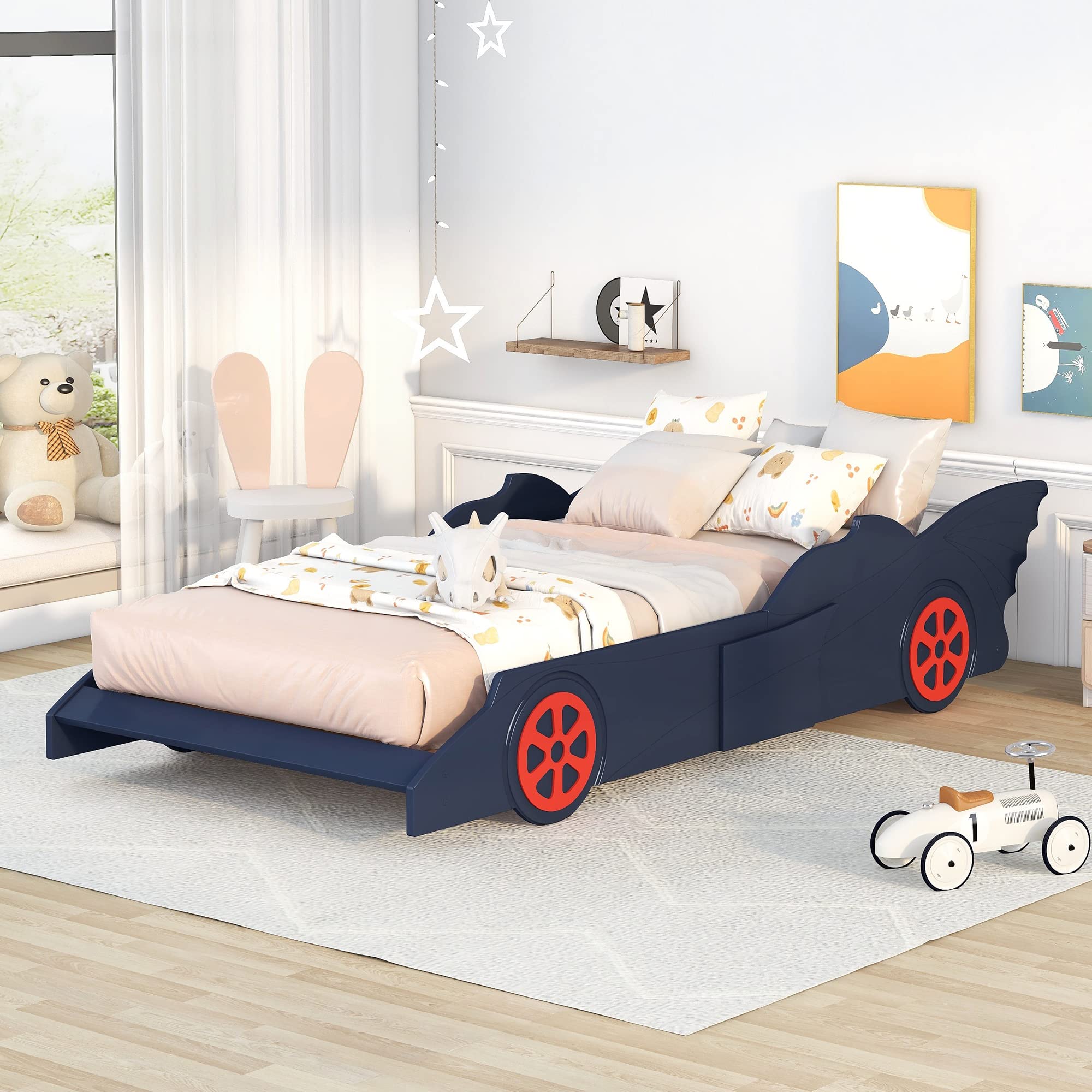 【Furniture】Twin Size Kids Platform Bed, Race CarShaped Bed with Wheels