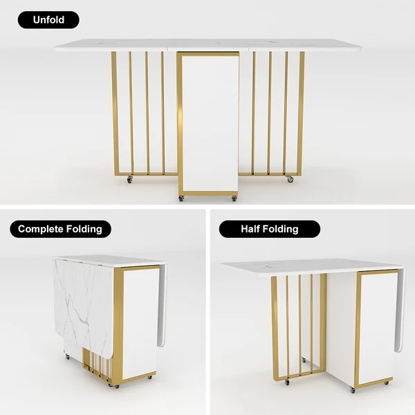 Modern Folding White Dining Table 63" with Storage Drop Leaf Gold Frame