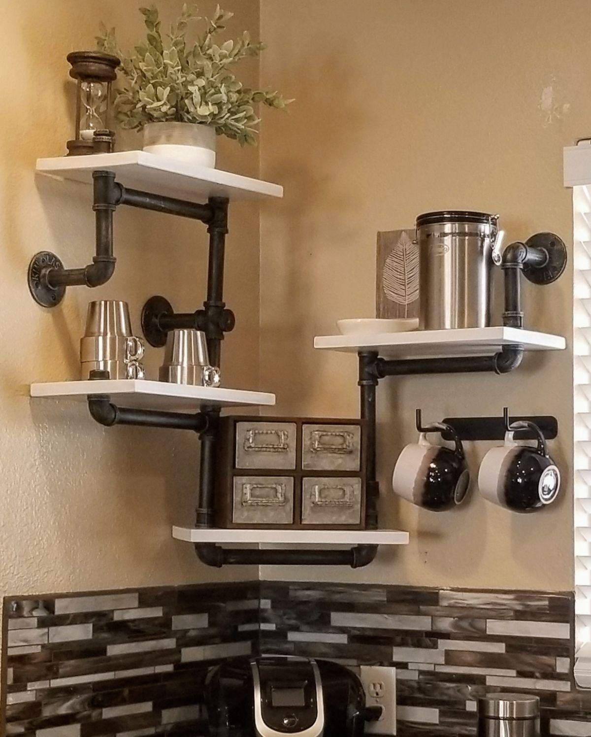 【Furniture】Industrial Rustic Modern Wood Ladder Pipe Wall Shelf 4 Layer