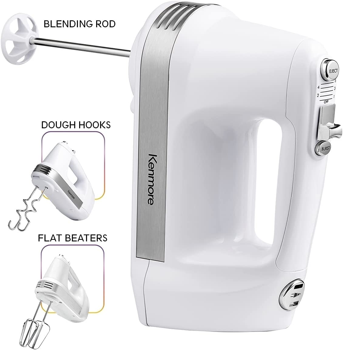 Kenmore 5Speed Hand Mixer Beater Blender, 250 Watts, with Beaters, Dough Hooks, Liquid Blending
