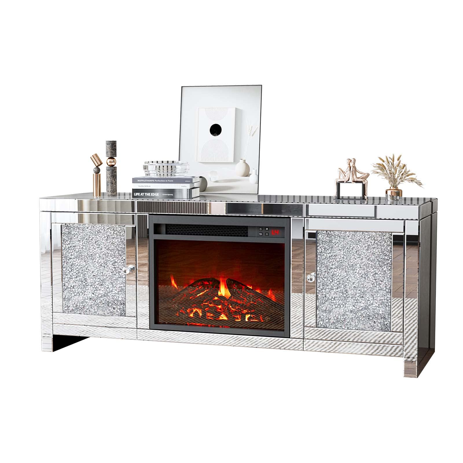 【Furniture】Mirrored Fireplace TV Stand, Mirrored Media Entertainment