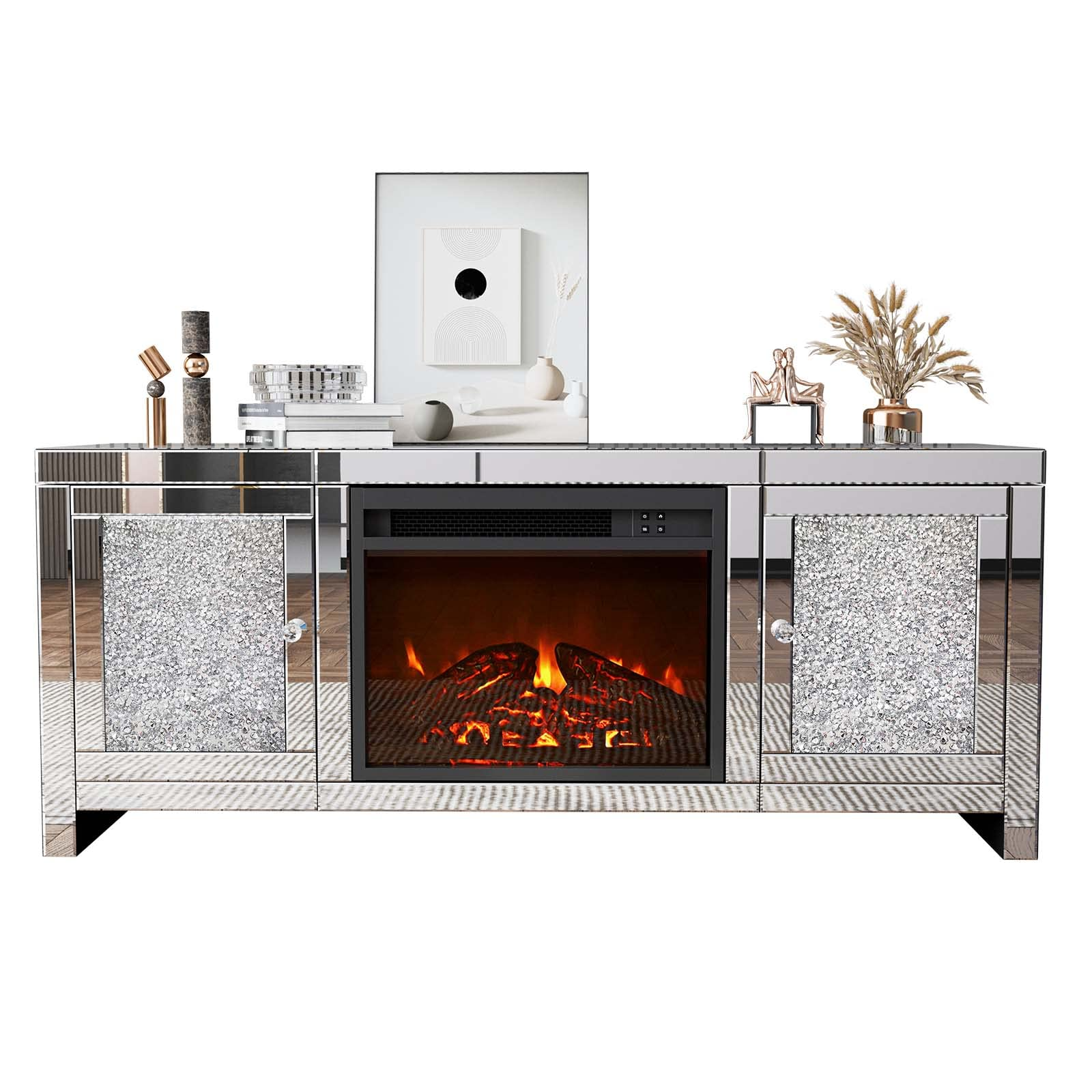 【Furniture】Mirrored Fireplace TV Stand, Mirrored Media Entertainment