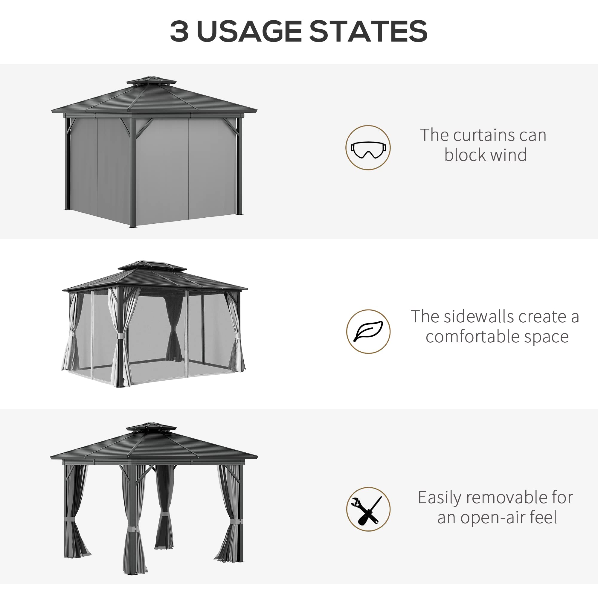 【Gazebo】10x10 Hardtop Gazebo with Aluminum Frame, Permanent Metal Roof ...