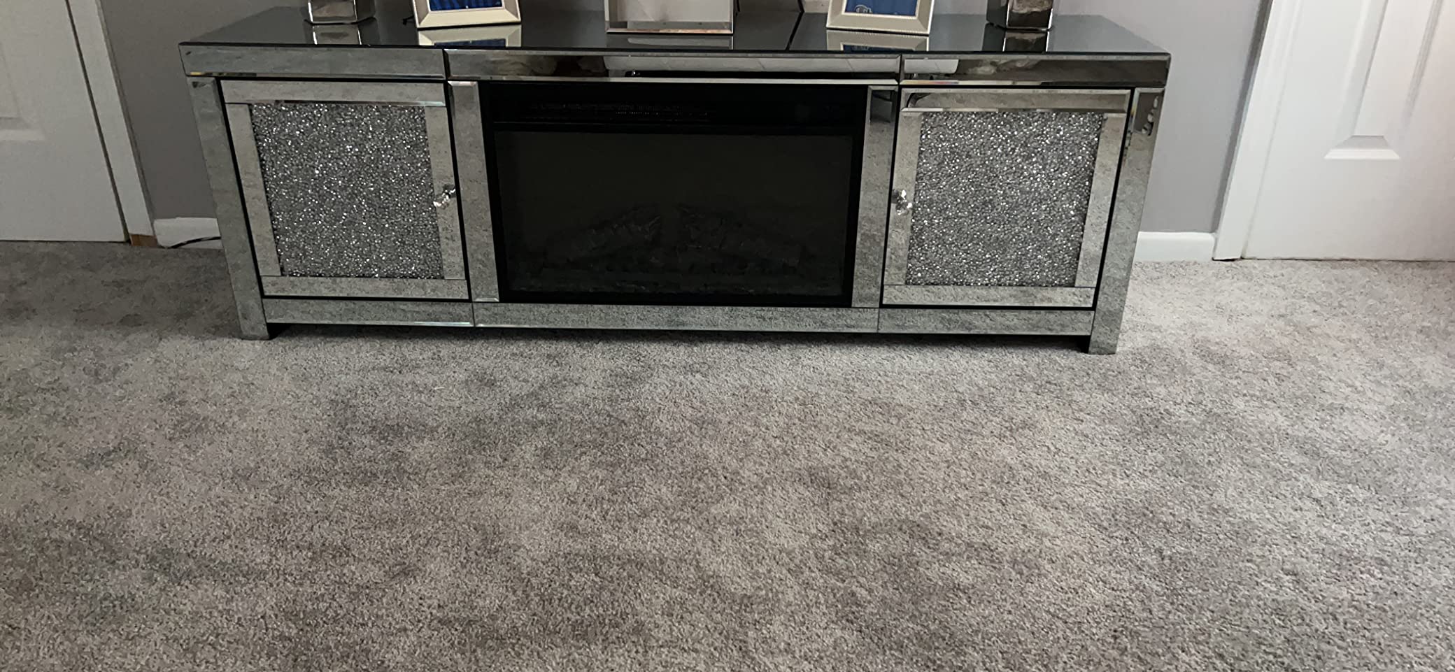【Furniture】Mirrored Fireplace TV Stand, Mirrored Media Entertainment