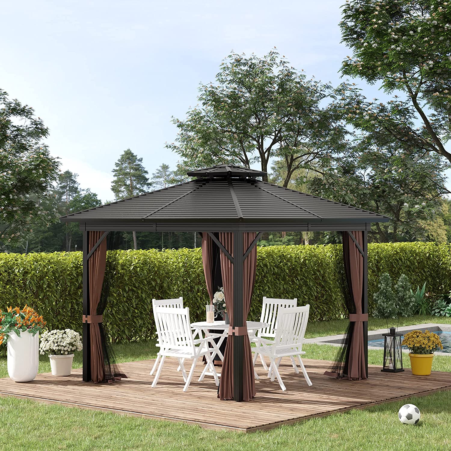 【Gazebo】10x10 Hardtop Gazebo with Aluminum Frame, Permanent Metal Roof