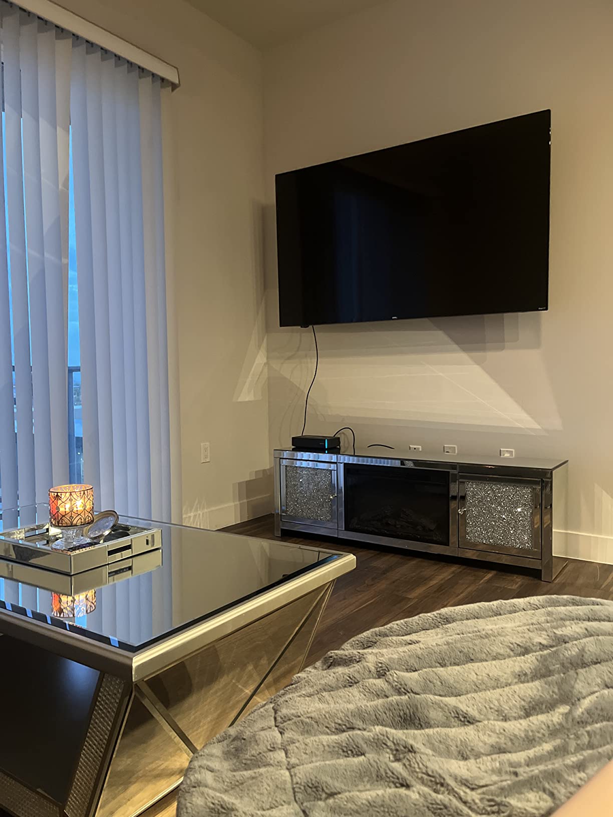 【Furniture】Mirrored Fireplace TV Stand, Mirrored Media Entertainment