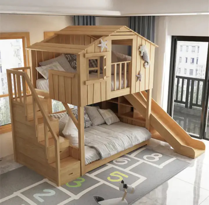 【Furniture】Cabin shape bunk beds with attached stairs and slide