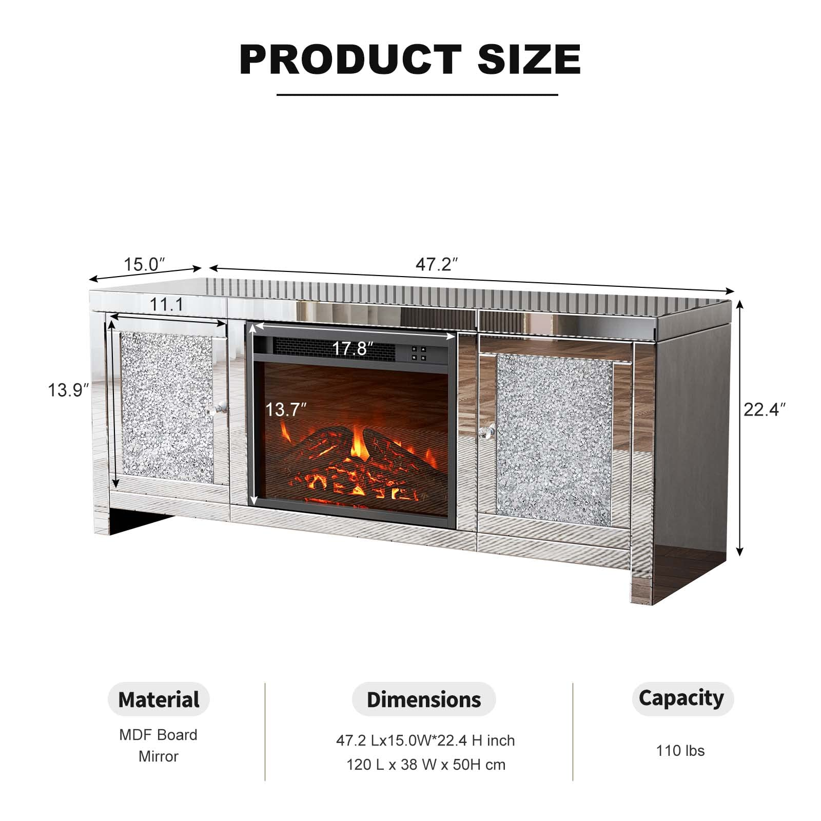 【Furniture】Mirrored Fireplace TV Stand, Mirrored Media Entertainment